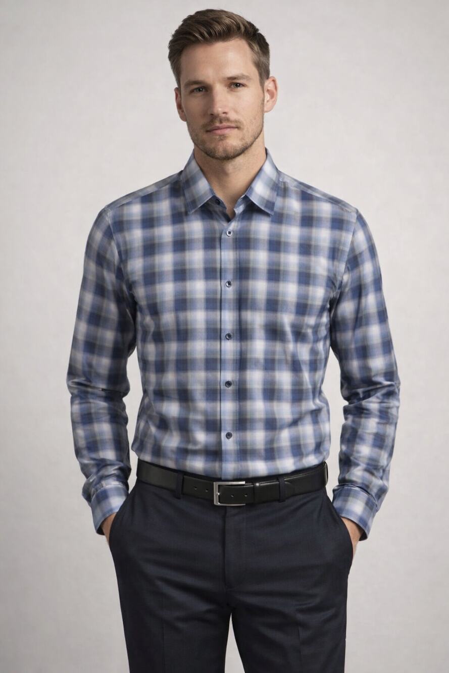Mens Hugo Boss Plaid 100% Cotton Button Up Shirt Sz Large Blue Slim Fit